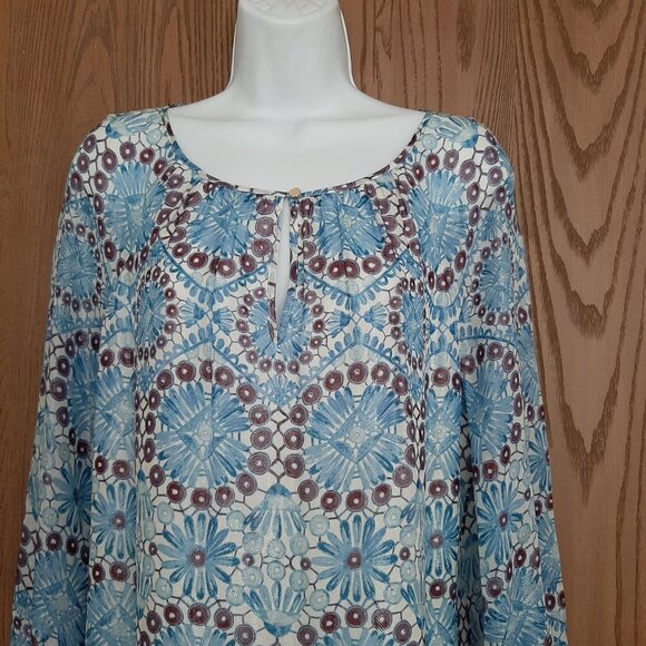 Tory Burch Silk Nylon Metallic Blue Floral Tunic Top Size 10 Keyhole Front - Picture 2 of 8